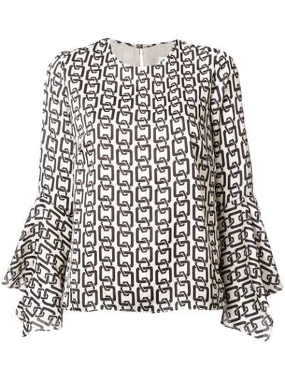 Milly Holly Bell-sleeve Chain-print Twill Top In Ecru