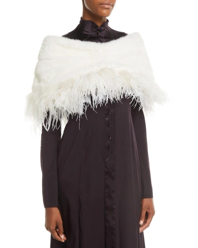 Carolyn Rowan Mink-fur Cape W/ Ostrich Feathers In White