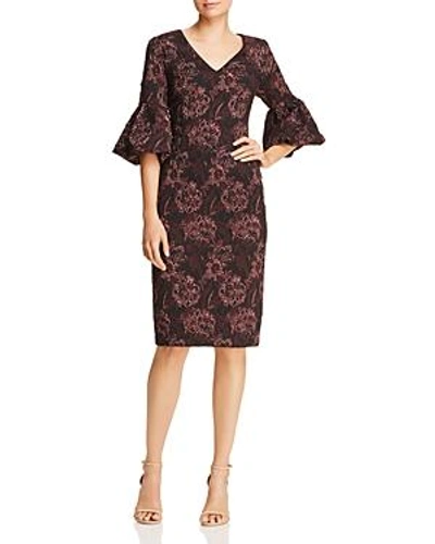 Aidan Mattox Floral Jacquard Bell-sleeve Dress In Red Multi