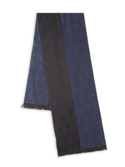 Versace Frayed Printed Scarf In Black Blue