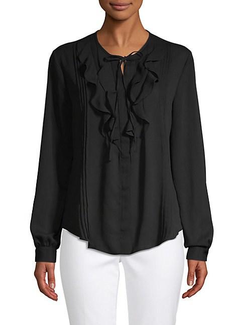 Saks Fifth Avenue Ruffle Front Split Neck Blouse In Black | ModeSens