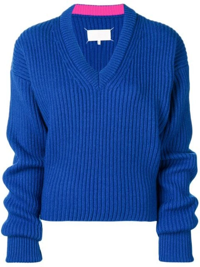 Maison Margiela Cropped Ribbed Knit Sweater - Blue