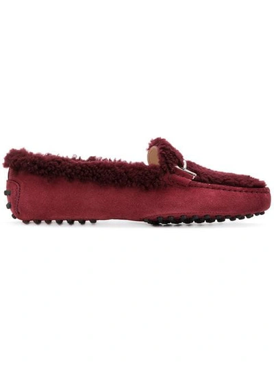 Tod's Gommini Suede And Shearling Loafers In Red