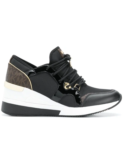 Michael Michael Kors Womens Black Liv Leather And Canvas Wedge Trainers 3 |  ModeSens