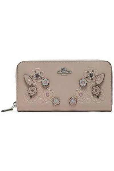 Coach Woman Embellished Embossed Leather Wallet Taupe