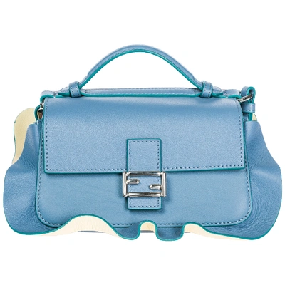 Fendi Women's Leather Shoulder Bag Doppia Micro Baguette In Blue