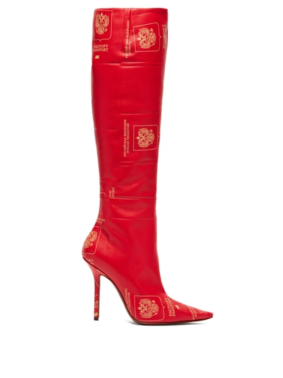Vetements Passport-print Knee-high Leather Boots In Red
