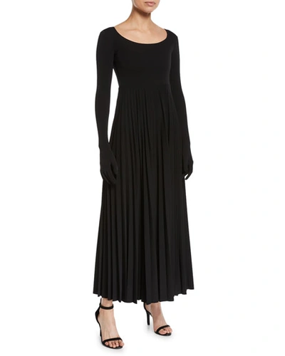 A.w.a.k.e. Scoop-neck Pleated Long Dress With Gloves In Black