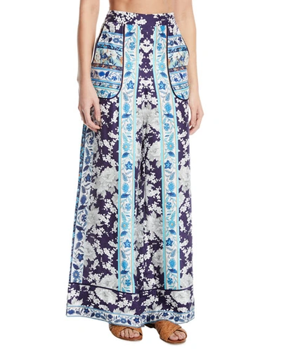 Camilla Cuffed Floral-print Wide-leg Lounge Coverup Pants In Tokyo Tribe