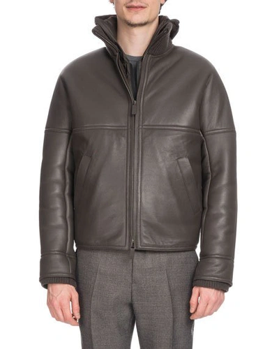 Berluti Men's Leather Bomber Jacket With Lamb Fur Lining In Gray