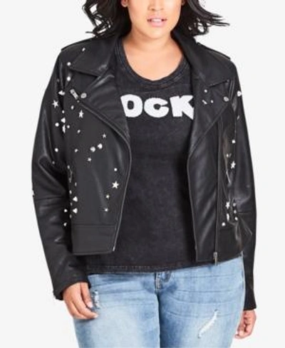 City Chic Trendy Plus Size Studded Faux-leather Moto Jacket In Black