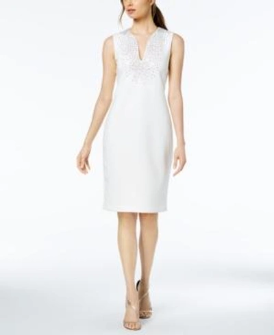 Calvin Klein Crystal-embellished Sheath Dress In Cream