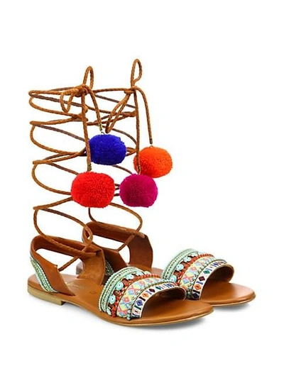 Elina Linardaki L.a. Lover Embroidered Leather High-wrap Sandals In Multi