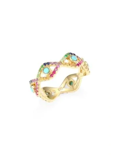 Sydney Evan 14k Yellow Gold & Rainbow Gemstone Large Bezel Evil Eye Ring