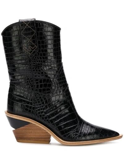 Fendi 60mm Embossed Croc Cowboy Boots In Black