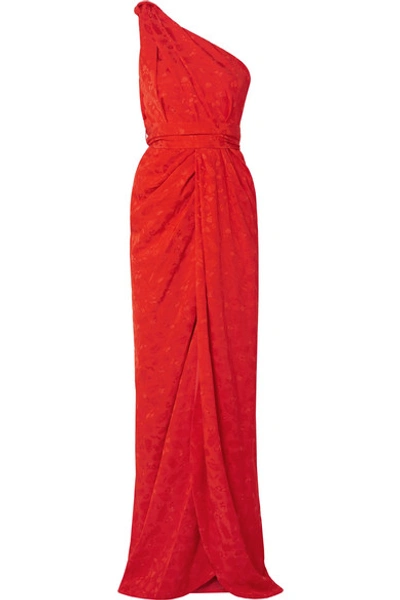 Brandon Maxwell Jacquard One Shoulder Twist Front Gown In Red