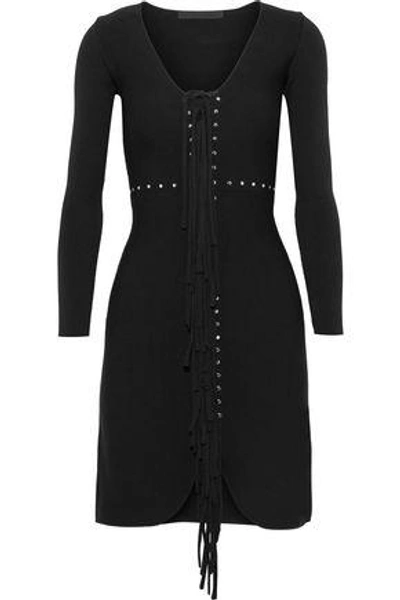 Alexander Wang Fringed Studded Stretch-knit Mini Dress In Black
