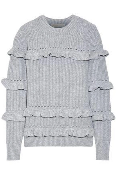 Michael Michael Kors Woman Ruffle-trimmed Ribbed-knit Sweater Light Gray