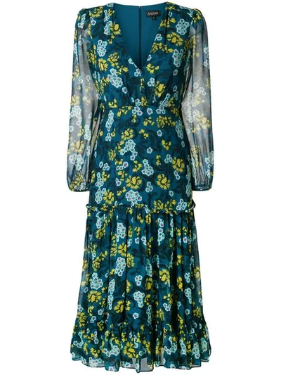 Saloni Floral Print Longsleeved Dress In Blue