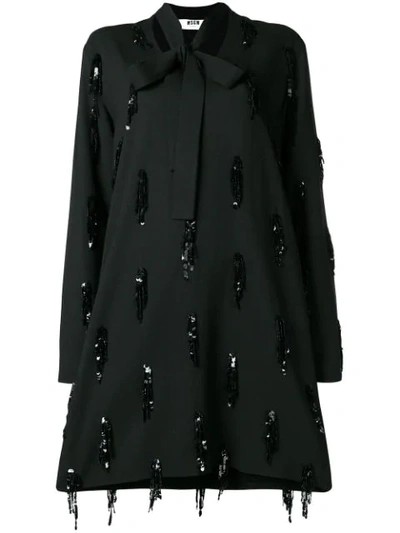 Msgm Sequin Embroidery Long-sleeve Dress In 99  Black