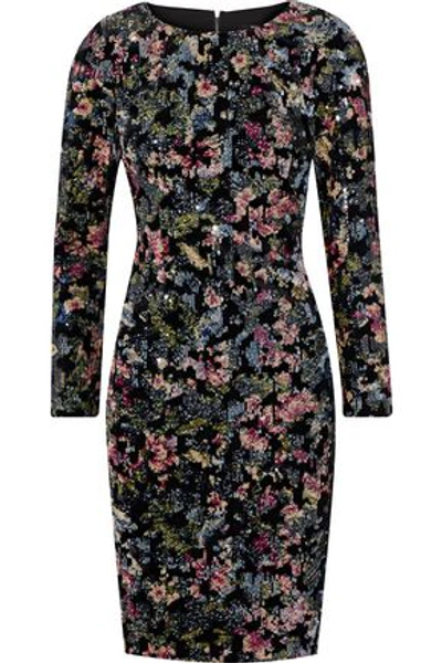 Badgley Mischka Floral-sequin Long-sleeve Velvet Dress In Black