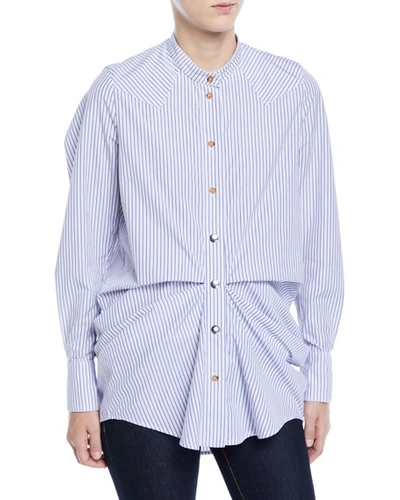 Victoria / Tomas Gathered Striped High-low Button-down Shirt In Blue Pattern