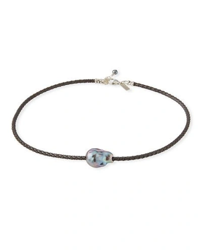 Margo Morrison Single Pearl & Woven Leather Necklace In Gray