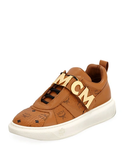 Mcm Men's Logo-strap Leather Mid-top Sneakers In Brown