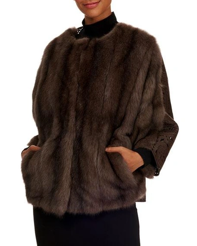 Tsoukas Russian Sable Fur Cape Coat W/ Leather Detail Back In Brown