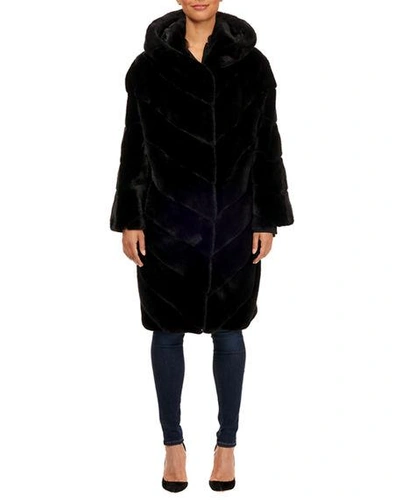 Maurizio Braschi Hooded Mink Chevron Fur Parka Coat W/ Belt In Dark Blue