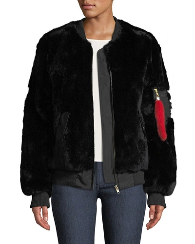 Adrienne Landau Rex Rabbit Fur Varsity Jacket In Black