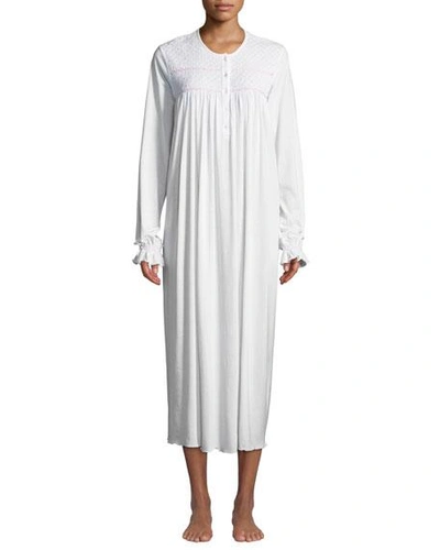 P Jamas Nadine Long-sleeve Long Nightgown In White/pink