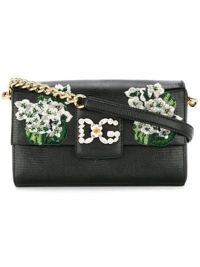 Dolce & Gabbana White Geranium Embroidered Dg Millennials Shoulder Bag In Black