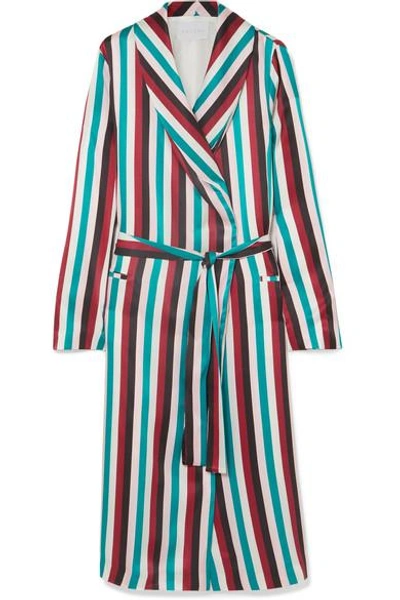 Asceno Striped Washed-silk Robe In Turquoise