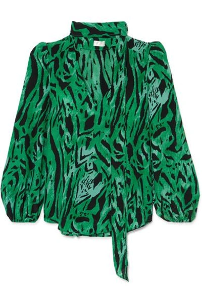 Rixo London Moss Pussy-bow Printed Silk-georgette Blouse In Green