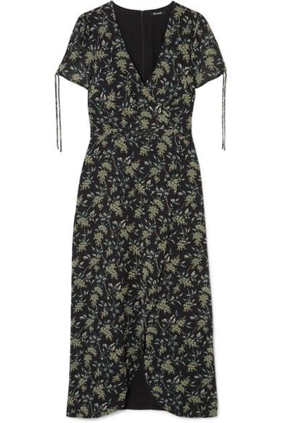 Madewell Wrap-effect Floral-print Georgette Maxi Dress In Black