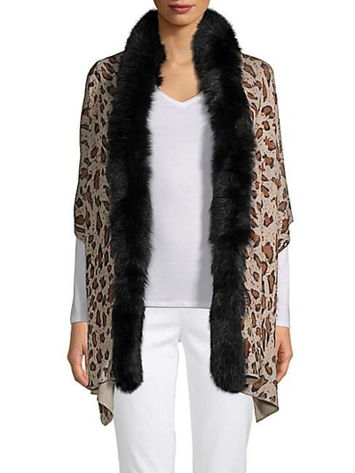 Adrienne Landau Dyed Fox Fur-trim Printed Stole In Brown Leopard