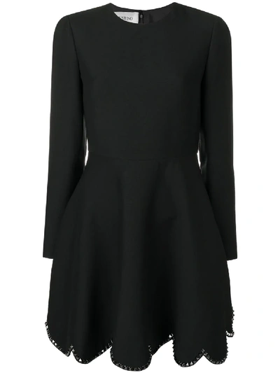 Valentino Long Sleeve Rockstud Scalloped-hem Flare Dress, Black