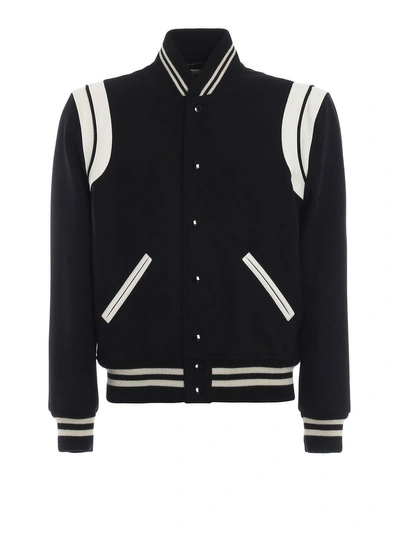 Saint Laurent Iconic Teddy 2 Bandes Jacket In Noir Blanc