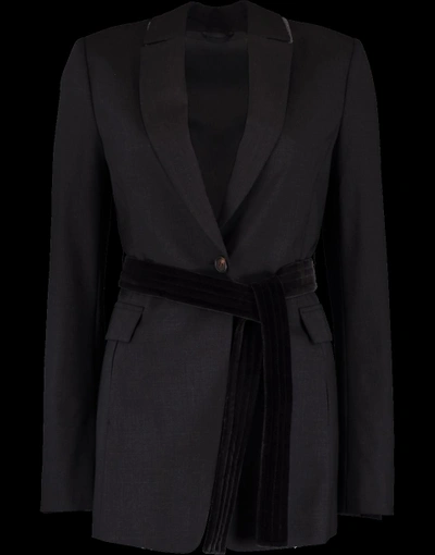 Brunello Cucinelli One Button Velvet Belted Blazer In Onyx