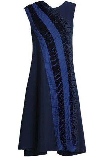 Koché Woman Shirred Velvet And Georgette-trimmed Crepe Dress Navy