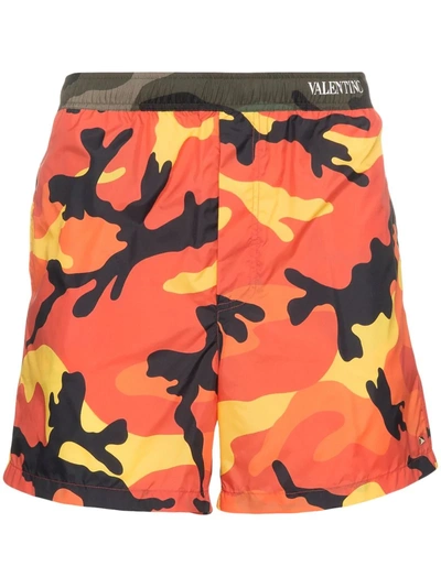 Valentino Camouflage Swim Shorts In 0zy Camou Orange/army