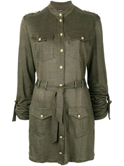 Balmain Mandarin Collar Shirt Dress In Green
