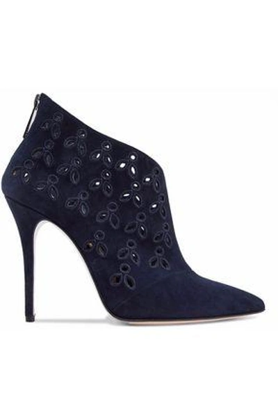 Oscar De La Renta Woman Cutout Embroidered Suede Ankle Boots Navy