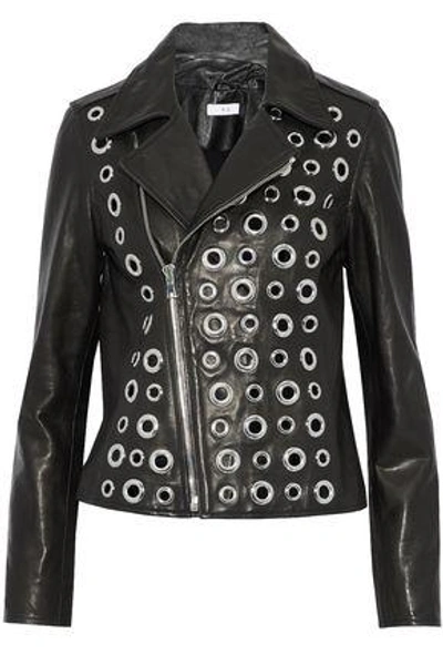 Rta Woman Eyelet-embellished Leather Biker Jacket Black