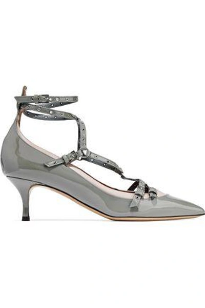 Valentino Garavani Woman Love Latch Eyelet-embellished Smooth And Patent-leather Pumps Gray