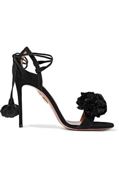 Aquazzura Woman Wild Flower Velvet-appliquéd Suede Sandals Black