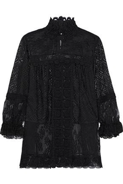 Anna Sui Woman Ruffle-trimmed Crochet-knit Blouse Black