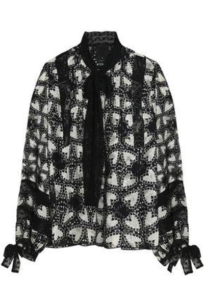 Anna Sui Flocked Tulle-trimmed Printed Silk-blend Jacquard Blouse In Black