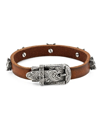 Gucci Men's Feline Head Leather Buckle Bracelet In Brown